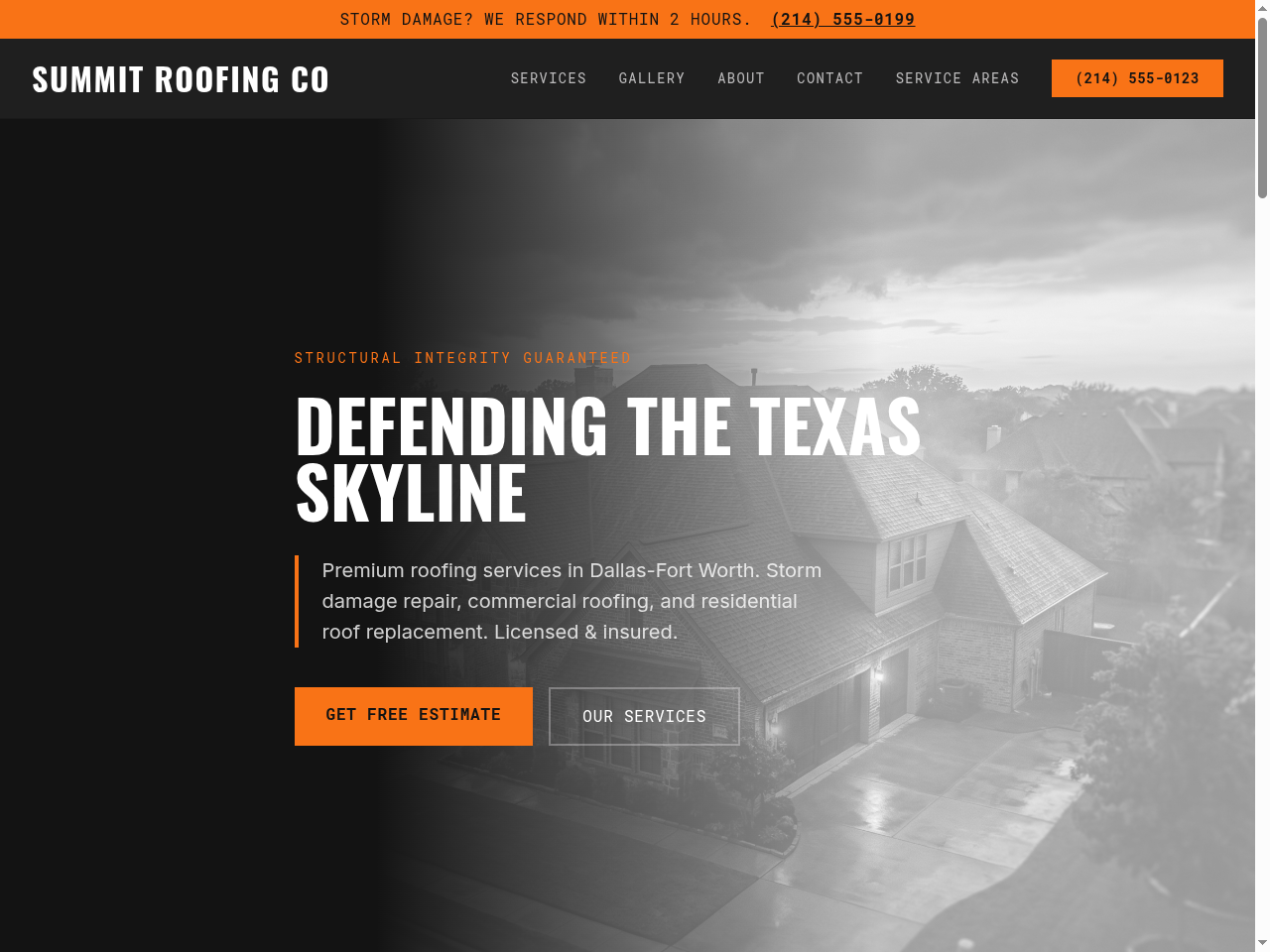 Summit Roofing demo website preview showing a dark-themed roofing company homepage